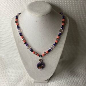 Handcrafted “The Horse” Necklace w/Coral and Purple Quartz